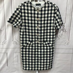 Donna Morgan linen gingham shift unique buttons front pocket detail size…